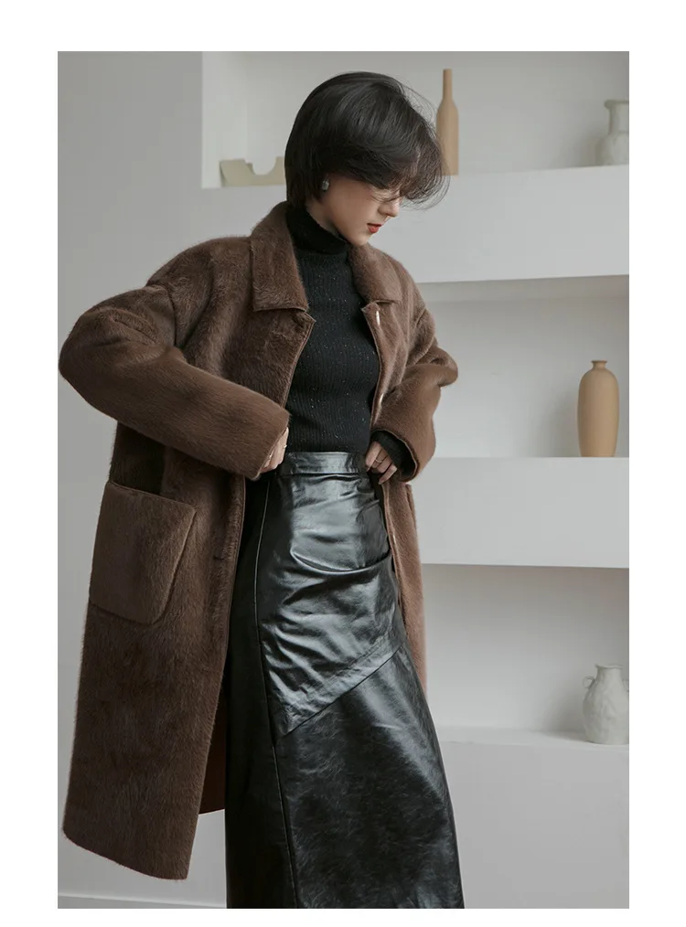 TVVOVVIN Autumn Concise Lapel Single Row Buckle Velvet Long Fund Imitate Leather Fur Loose Coat Woman ZX430