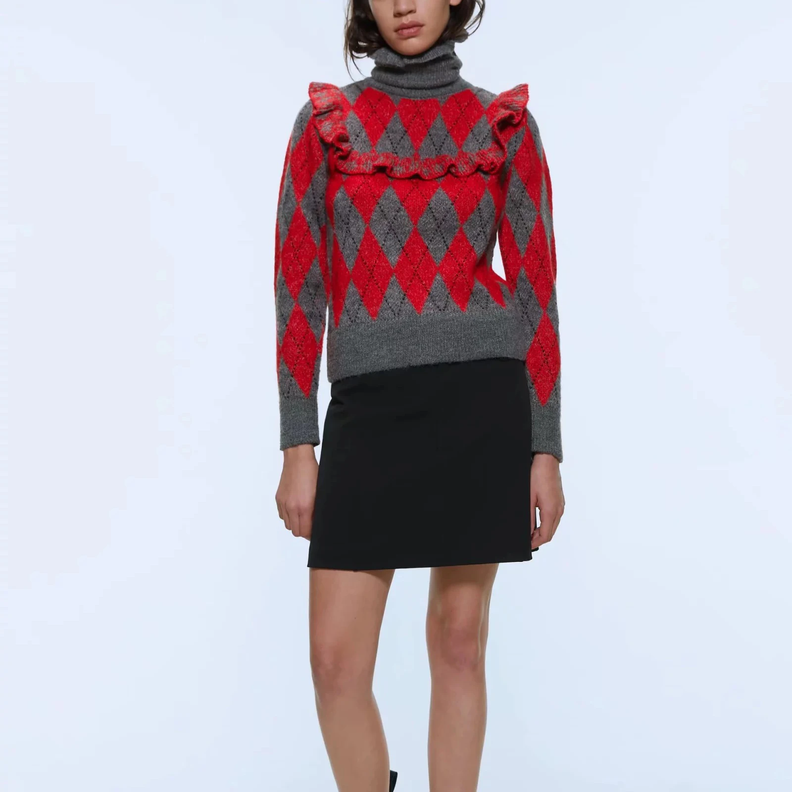 ZA женский зимний теплый топ водолазка вязаный толстый ламинированный со