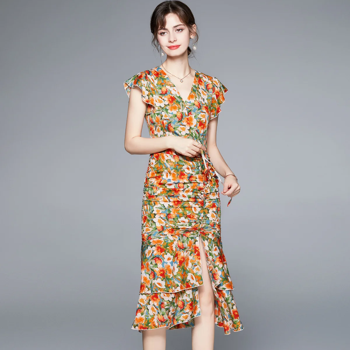 

Beach Flower Dress Summer Women V Neck Butterfly Sleeve Floral Print Mermaid Chiffon Ruffles Split Sexy Party Vestidos Pleated