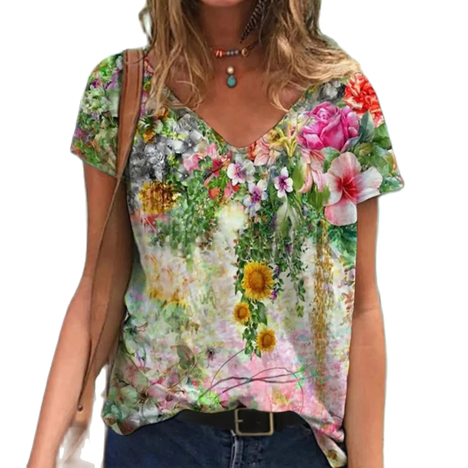 flower pattern T-Shirts Plus Size Women Short Sleeve Printed V-Neck blusas mujer manga corta young beauty tshirts