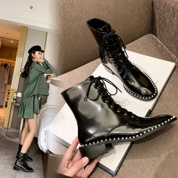 

INS HOT Women ankle boots natural leather Cowhide autumn and winter fashion velvet womens boots Leather boots with pearl sole