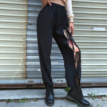 

Women Straight Pants Wide Leg Baggy High Waist Harajuku Streetwear Female Hipsters Trousers Bandage Lace Up Hollow Out Stylish
