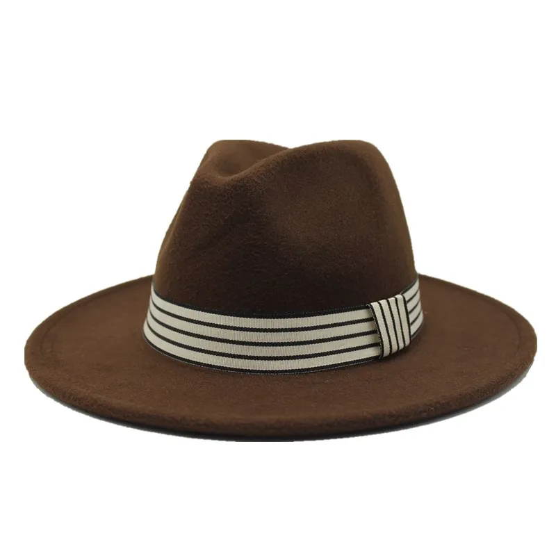 Простые широкие полями осенние женские модные топы джаз шляпа зимний модный шерстяной фетровая шляпа для женщин Chapeau Femme черные шляпы для мужчин - Цвет: Dark coffee