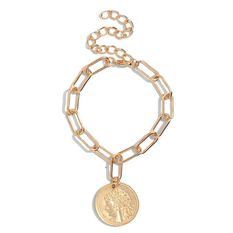 JJFOUCS New 7 Styles Golden Metal Link Chain Bangles Bracelets Hanging Portrait Coin Pearl Bracelets for Women Jewelry Gifts