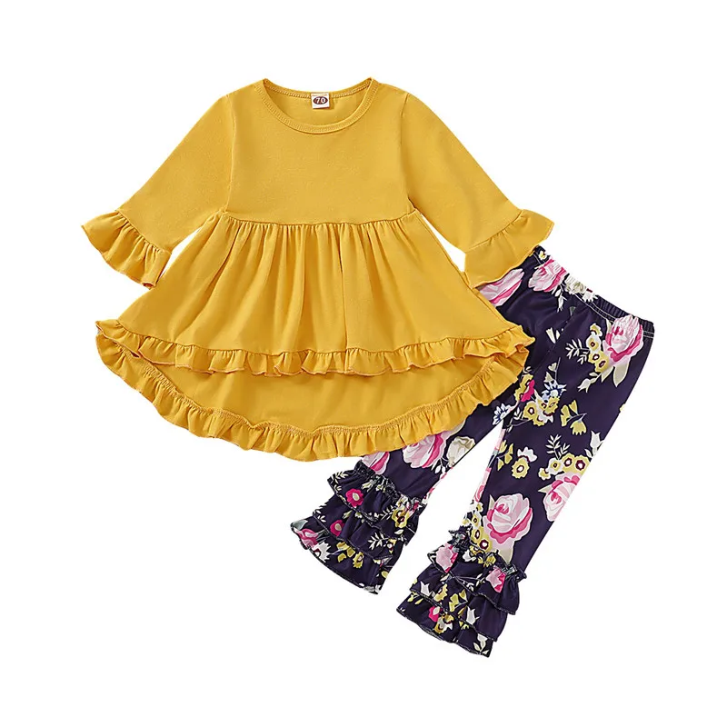 

Children 2 Pcs Ruffle Outfits 2020 Baby Girl Long Sleeve Round Neck Solid Color Tshirts Floral Trousers Toddler Girl Clothes