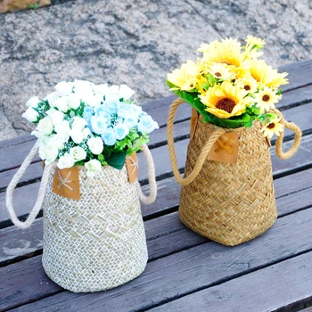 

1 Pc Natural Woven Seaweed Shopping Basket Nordic Fruit Gardening Laundry Storage Basket Flower Pot With Handle Home Storage Bag