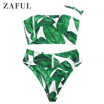 

ZAFUL Zip Tropical Leaf Bandeau Tankini Swimsuit