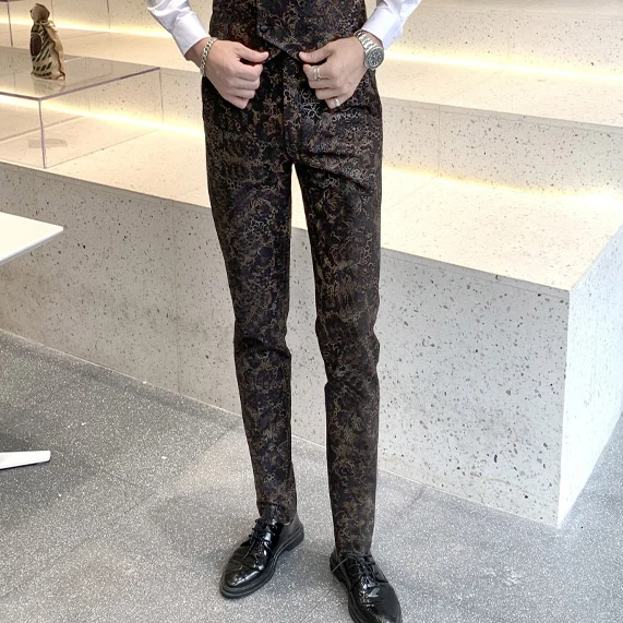 Traje Hombre Estampado, свадебные костюмы, мужские бордовые костюмы из 3 предметов, Мужская одежда, жаккардовый костюм, тканевый мужской смокинг, вечерние смокинги - Цвет: Gold Only pant