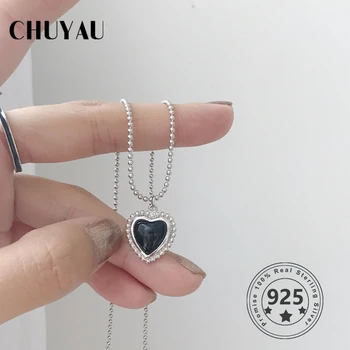 

Chuyau 925 sterling silver vintage pendant necklace love heart necklace Black agate necklace for women jewelry charm best gift