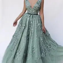 Leeymon Тюль серовато-зеленый V шеи вечернее платье с аппликацией вечерние платья robe de soiree