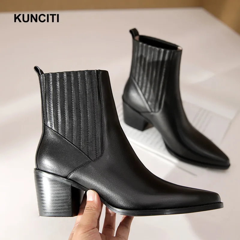 KUNCITI/; ботильоны на высоком каблуке; женские короткие ботиночки из натуральной кожи; модные эластичные ботинки «Челси» с острым носком; D9210