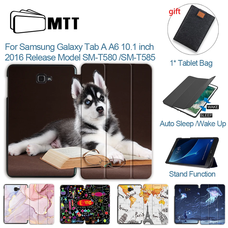 MTT PU 가죽 케이스 삼성 갤럭시 탭 A A6 10.1 인치 SM-T580 T585 트라이 폴드 플립 스탠드 스마트 태블릿 커버 보호 funda