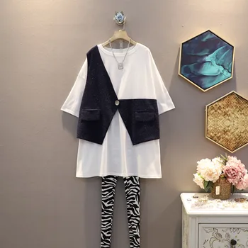 

[EWQ] 2020 Spring Summer New Pattern Round Collar Hit Colors Patchwork Pullovers Casual Fake Two Piece Dress Women 3AJ89101