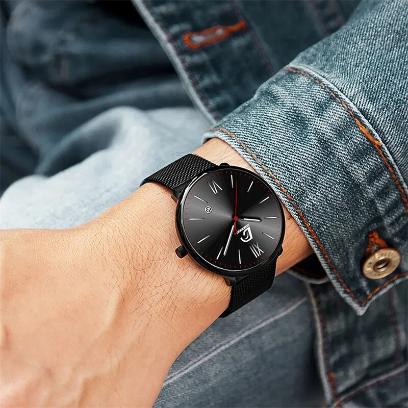 Men's Fashion Minimalist Watches Luxury Stainless Steel Mesh Belt Quartz Wrist Watch for Men Casual Leather Watch reloj hombre