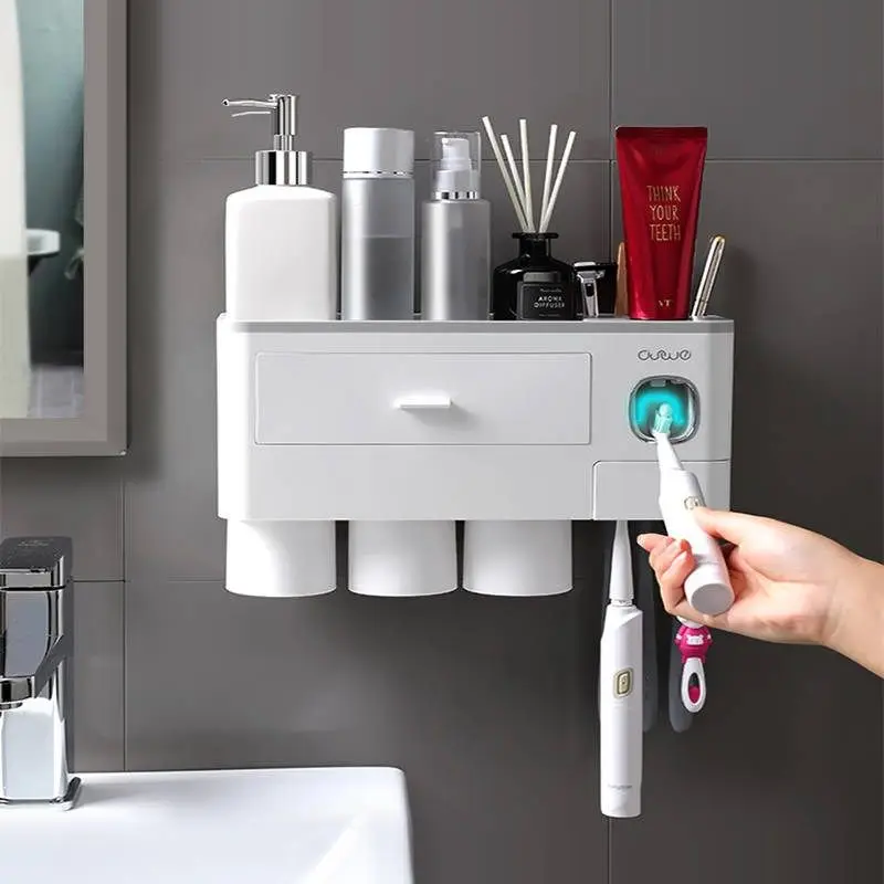 

Automatic Toothpaste Dispenser with Cup, Magnetic Adsorption Inverted Toothbrush Holder, Bathroom Accessories Set