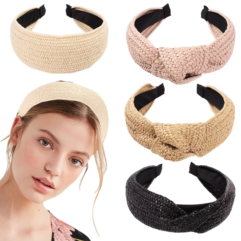 

Top Knotted Handmade Retro Straw Weave Headband For Women Girls Hair Bands Turban Hair Hoop Bezel Female Hair Accessories