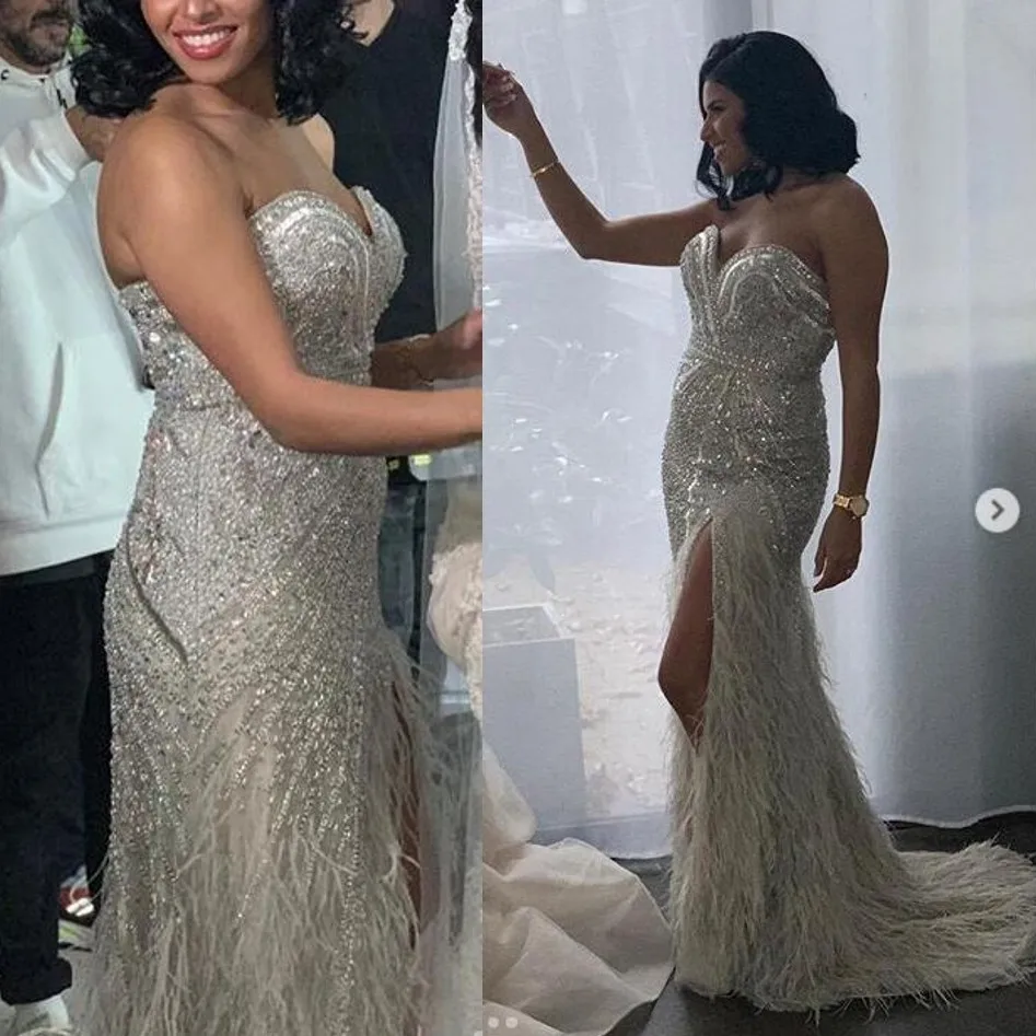 Роскошные свадебные платья Русалка Vestidos De Festa largos Elegantes de Dala перья бисер свадебное платье Сплит свадебное платье es