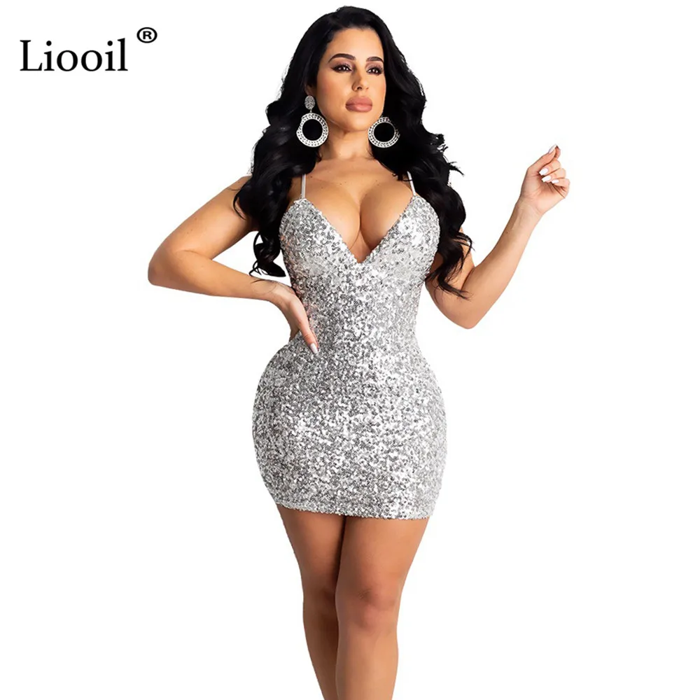 Liooil облегающее мини-платье с блестками для женщин, без рукавов, v-образный вырез, открытая спина, Сексуальные облегающие платья на бретельках, женские вечерние платья для ночного клуба