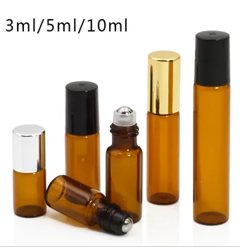 

Free ship 5pcs 1ml 2ml 3ml 5ml 10ml Amber Thin Glass Roll on Bottle Sample Test Essential Oil Vials with Roller Metal/Glass Ball