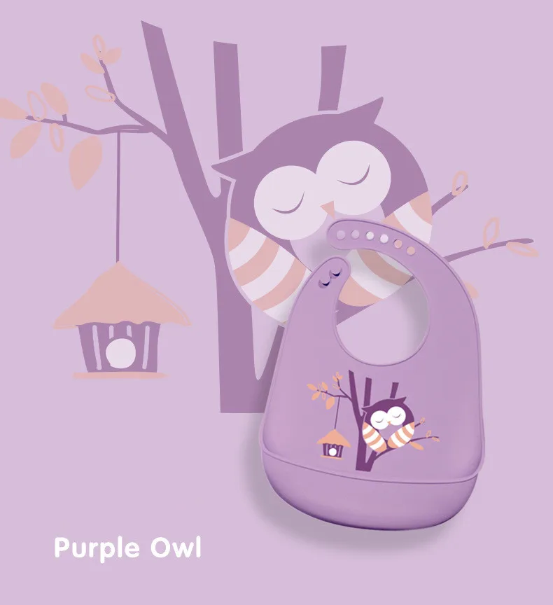 Детские слюнявчики из водонепроницаемого силикона, Слюнявчики для кормления, полотенца для новорожденных, фартуки с рисунком, регулируемые Слюнявчики, бандана, детские вещи - Цвет: purple owl