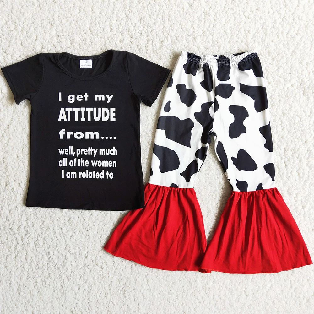 

Fashion Baby Girl Clothes Cow Print Boutique Kids Clothes Girls Short Sleeve Bell Bottom Outfits Cute Girls Clothes Wholesale