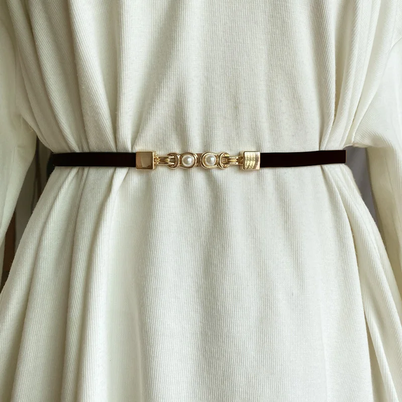 

65cm Female Black Waist Belt Thin Elastic Belt for Women Pearl Double Buckle Waist Band Dress Shirt Clothing Accessories