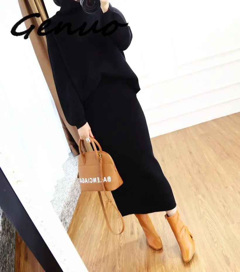 

2019 Autumn Winter High Collar Cashmere Sweater Korean Version Of The Loose Sweater Women's Knitted Two-piece Suit Bag Hip Skirt
