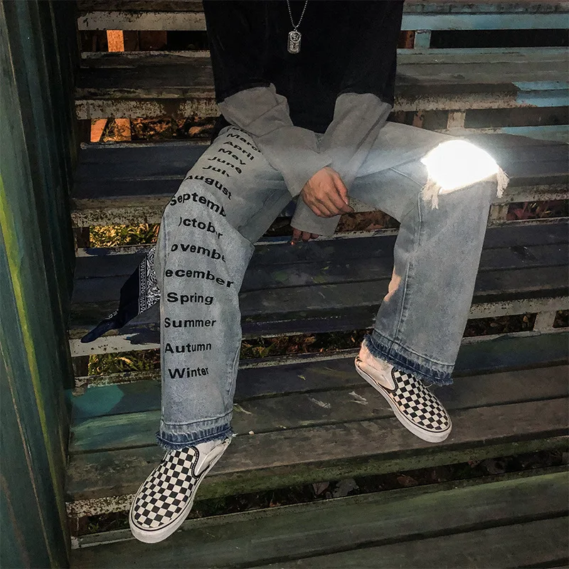 Men's Jeans Ripped Loose Streetwear Reflective Patch Letter Print Hip Hop Straight Pants Denim Wide-Leg Trousers Korean Clothing 1
