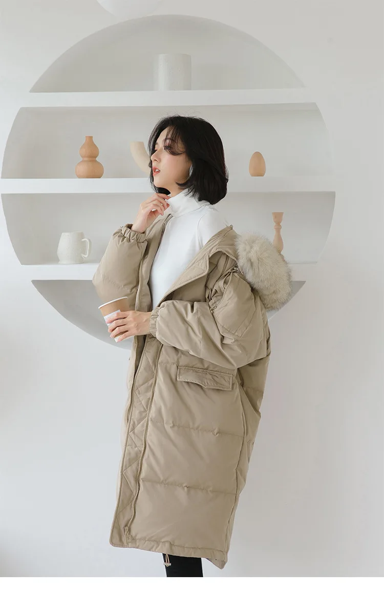 South Korea Dongdaemun Autumn& Winter New Style Simple White Duck down Fox Fur Long Hooded down Jacket Women's W077