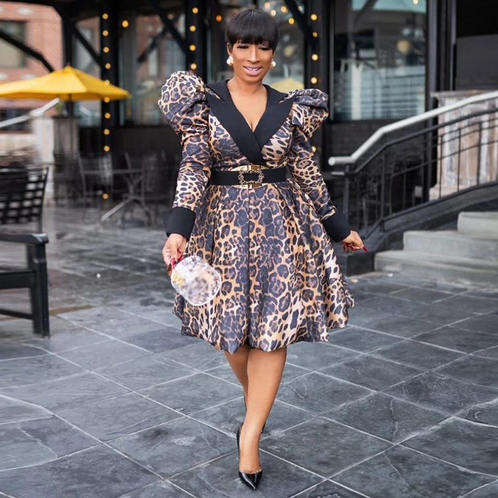 MD 2022 Spring Summer V-neck Sexy Dresses For Women African Dashiki Leopard Print Dress Tutu Long Sleeve Elegant Party Clothing