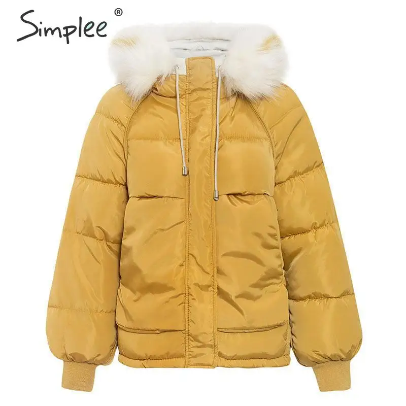 yellow fur collar Simplee женская куртка осень-зима большой размер с капюшоном женский теплый мягкий пиджак - Цвет: yellow fur collar