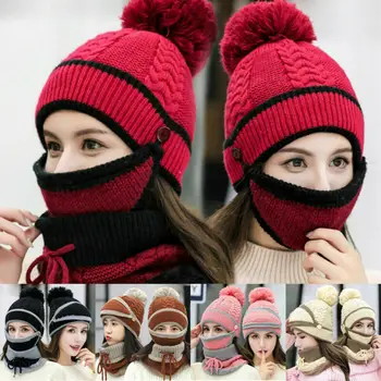 

Winter Warm Women Knitted Beanie Scarf Hat Face Mask Snood Neck Pompom Caps