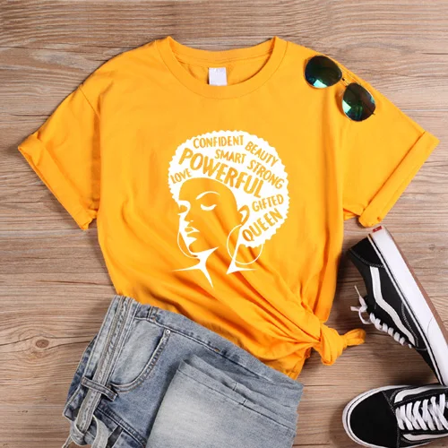 Yellow-White Афро леди Графический футболки для феминисток тройники черная девушка Волшебная футболка королева девушка мощные футболки рубашки женские винтажные меланин футболка - Цвет: Yellow-White