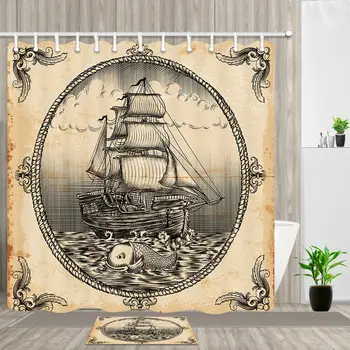 

Retro Sailboat Age Bathroom Waterproof Fabric Shower Curtain & Hook