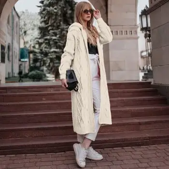 

Plus Size Women Knitted Cardigans Causal Warm Solid Open Stitch Long Sweater Female Oversized Loose Hooded Outwear