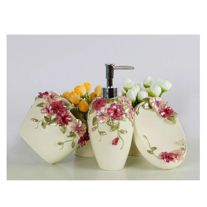 Country Style Resin 5Pcs Bathroom Accessories Set Soap Dispenser/Toothbrush Holder/Tumbler/Soap Dish(Green