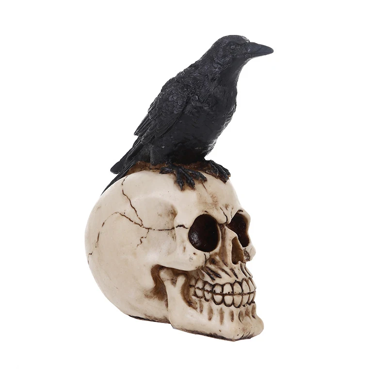 

21cm Resin Crow Skull Horror Figurines Sculpture Ornament Halloween Party Decor Garden Statues Personality Art Skull Head