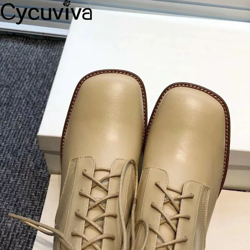 Women Boots Classic Square Toe Ankle Boots Genuine Leather Chunky Wedge Heel Motorcycle Boots Runway Party Winter Shoes Woman