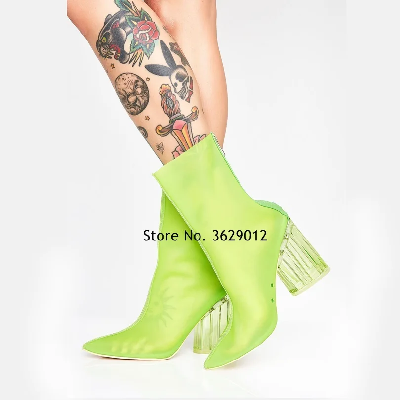 

New Women Fluorescent Green PVC Ankle Boots Pointed Toe Women Boot Transparent Chunky Heels Zip Short Boots