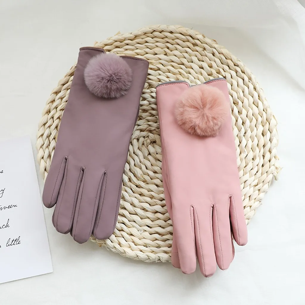 New Fashion Women Gloves Autumn Winter Ladies'furry Heating Ball Decorative Breathing Leather Outdoor Sport Female Warm Gloves