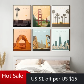 

Nordic Vintage Travel Cities Canvas Painting Poster New York San Francisco Chicago Texas Landscape Wall Art Pictures Room Decor