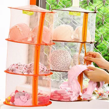 

Breathable Bag Hanging Cabinets Storage Mesh Cage Folding Three Zipper Underwear Drying Basket Bedroom Wall Door Wardrobe