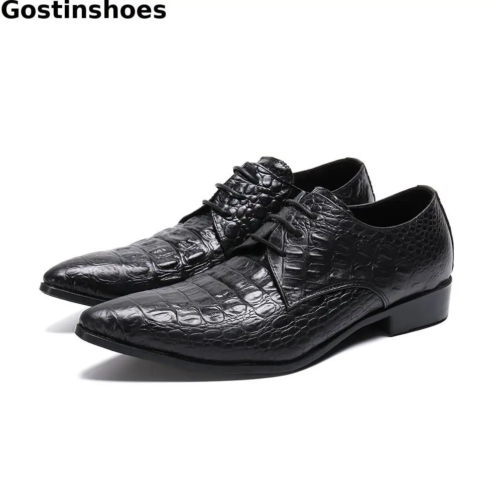 

Classic Men Leather Shoes Black Crocodile Printed Genuine Leather Formal Derby Shoes Lace-up Pointed Toe Men Dress Shoes