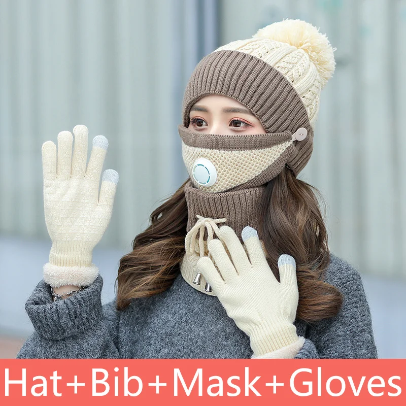 Valve 4pcs Beige Толстые Skullies бини Женская Корейская зимняя вязаная шапка теплый толстый бархат джемпер шапка маска для лица нагрудник шерстяной ветрозащитный шарф для улицы - Цвет: Valve 4pcs Beige