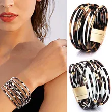 Многослойный кожаный Леопардовый Браслет-манжета женские магнитные ювелирные изделия с пряжкой подарок TT@ 88