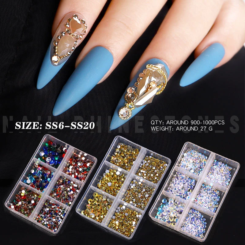 

6Grid DIY Nail New Multi-Size Nail Rhinestones 3D Crystal Glass Rhinestone Art Deco for Nails Champagne glitter Nail Beauty