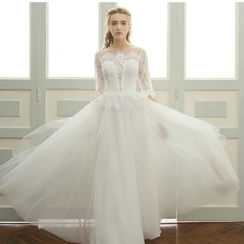 

Simple Sheer Neck Pearls Lace Vestidos De Novia Fairy Tulle A-line Maxi Wedding Dresses Half Sleeve Robe De Marriage Bridal Gown