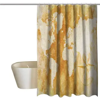 

Compass Tropical Shower Curtain for Bathroom Old-Fashioned World Map Design with Compass in Retro Distressed Colors Continents