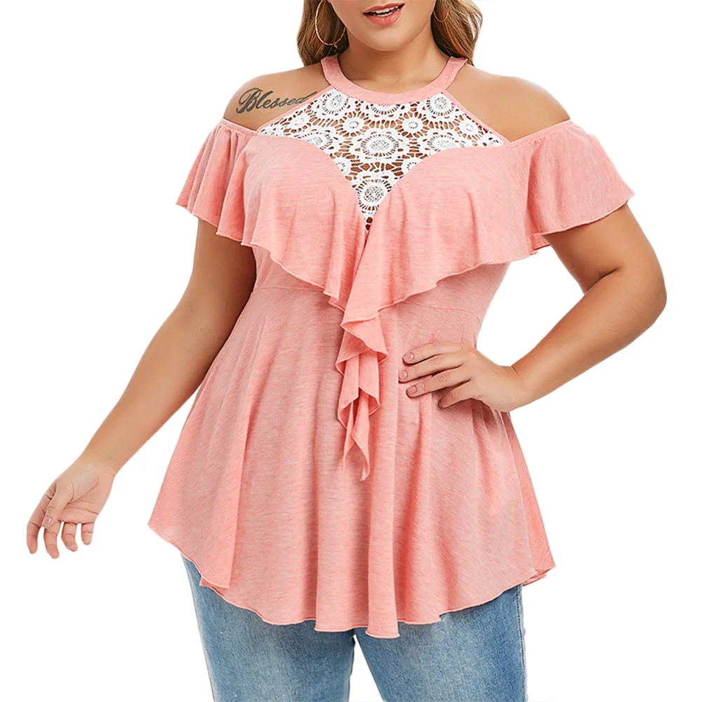Rosegal Large Size 5XL Sexy Peplum T-Shirts Lace Crochet Long Tunic Top Women Big Size Summer Ruffle Tshirts - Цвет: Pig Pink