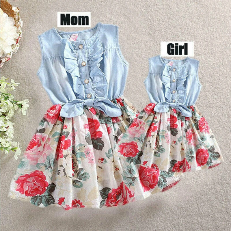 New Mother Daughter Matching Clothes Sleeveless Floral Patchwork Sundress Mom Kids Parent Dress Outfits